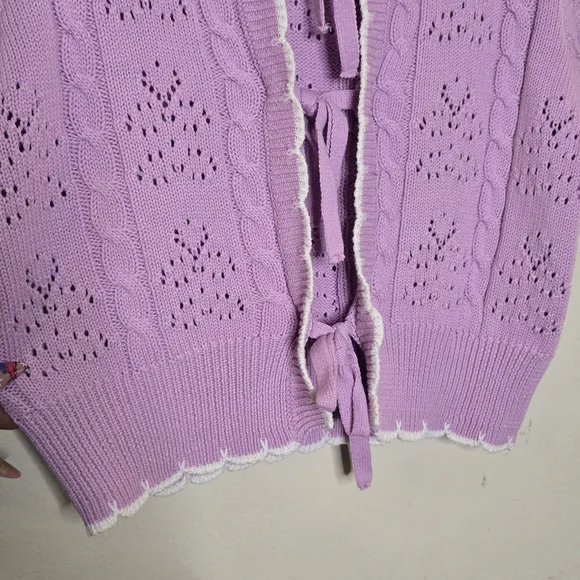Miss Selfridge Cropped Pointelle Tie Front Cardigan Women’s Size Small Lilac - Picture 10 of 11